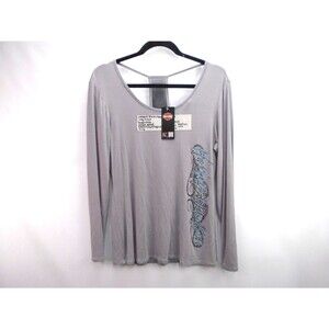 Harley Davidson Women Blouse Size M Rayon Long Sleeve Cutout Back Gray Scoop USA